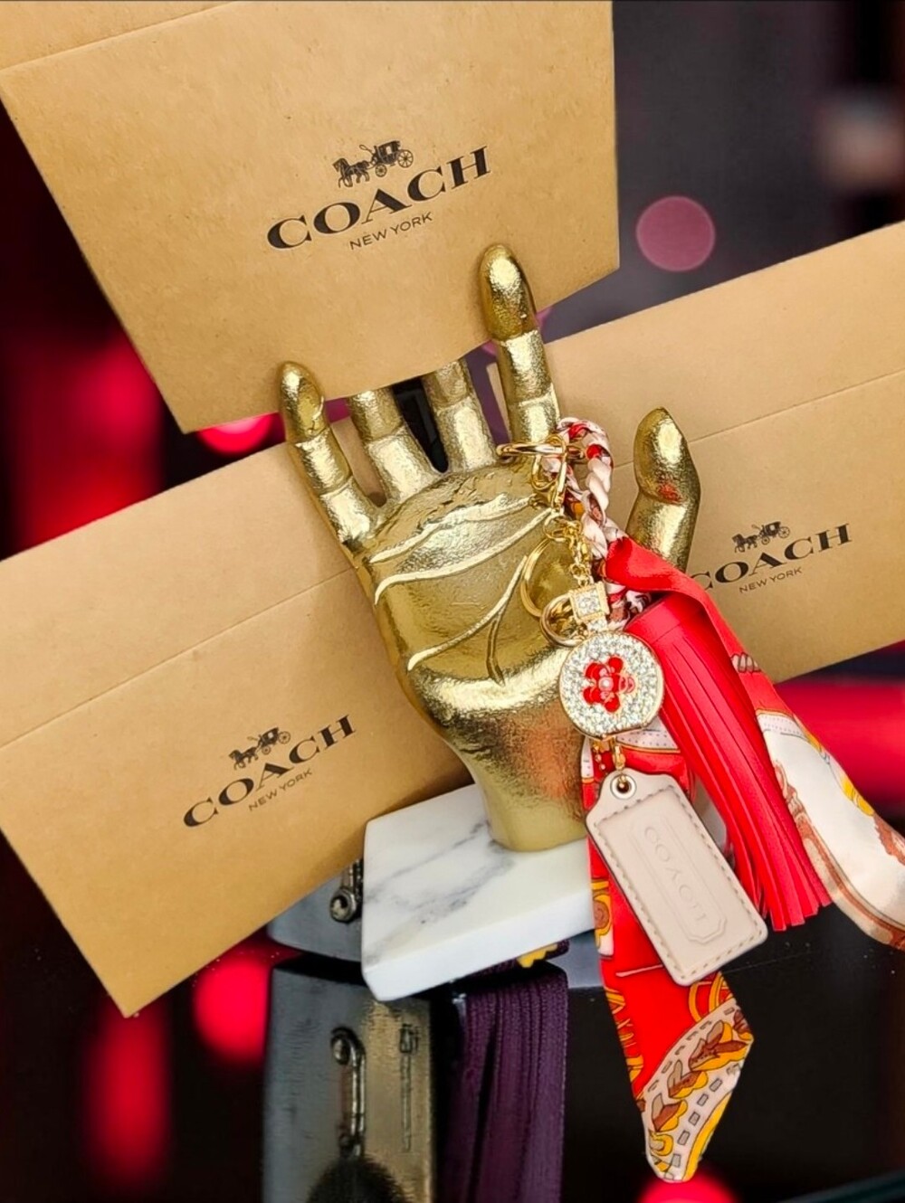 Coach Red Silk Scarf and Tassel Keychain Charm NWOT - Picture 9 of 12